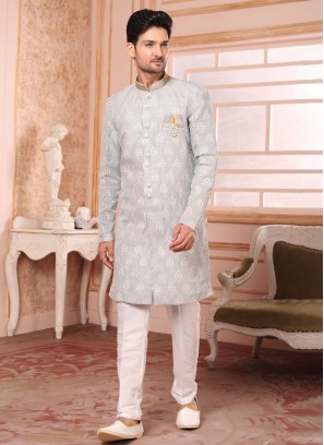 Thread Embroidered Light Grey Indowestern Set