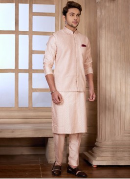 Thread Embroidered Light Peach Nehru Jacket Set