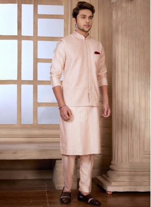 Thread Embroidered Light Peach Nehru Jacket Set