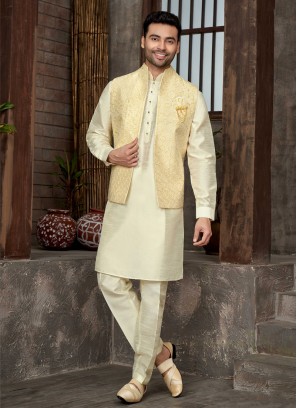 Thread Embroidered Light Yellow And Cream Nehru Jacket Set