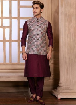 Thread Embroidered Maroon Nehru Jacket Set