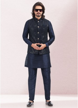 Thread Embroidered Navy Blue Nehru Jacket Set