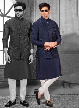 Thread Embroidered Navy Blue Nehru Jacket Set