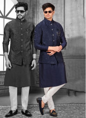 Thread Embroidered Navy Blue Nehru Jacket Set