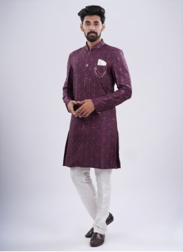 Thread Embroidered Purple Indowestern Set