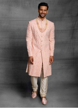 Thread Embroidered Sherwani In Peach Color