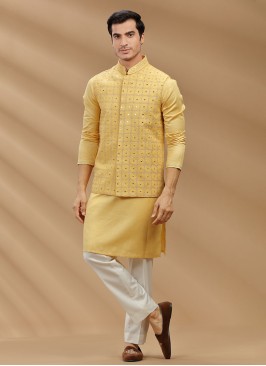 Thread Embroidered Yellow Nehru Jacket Set