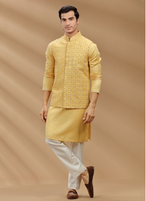 Thread Embroidered Yellow Nehru Jacket Set