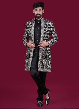 Thread Embroidery Black Jacket Style Indowestern In Velvet