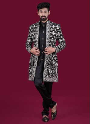 Thread Embroidery Black Jacket Style Indowestern In Velvet