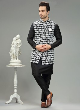 Thread Embroidery Black Nehru Jacket Set In Art Silk