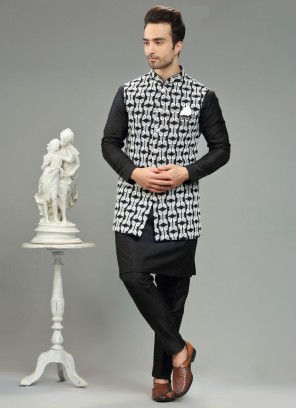 Thread Embroidery Black Nehru Jacket Set In Art Silk