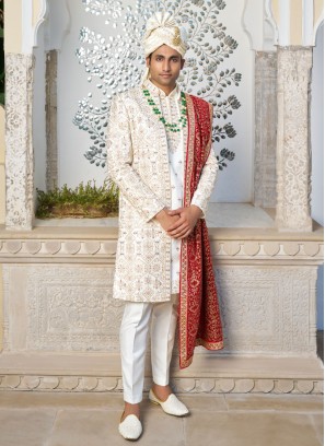 Thread Embroidery Cream Sherwani Set In Silk