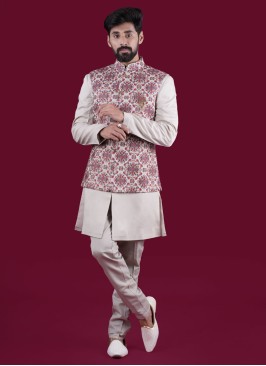 Thread Embroidery Fawn Nehru Jacket Set In Silk