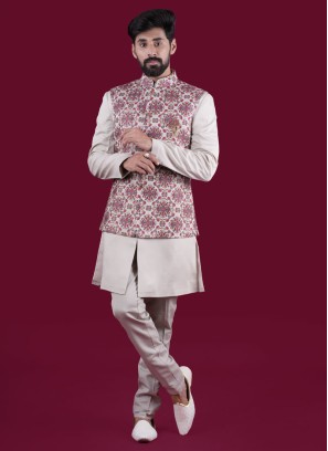 Thread Embroidery Fawn Nehru Jacket Set In Silk