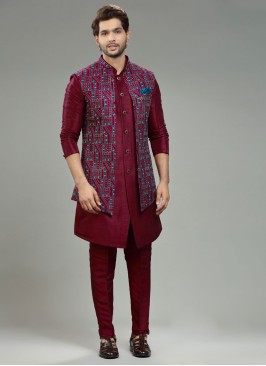 Thread Embroidery Wine Nehru Jacket Set In Art Silk