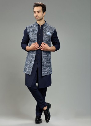 Thread Embroidery Work Navy Blue Nehru Jacket Set