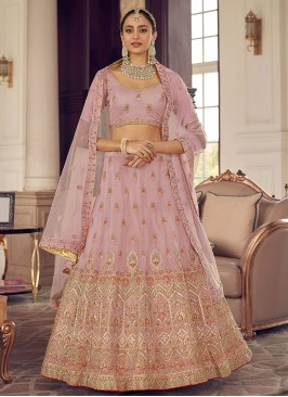 Thread Organza A Line Lehenga Choli in Peach