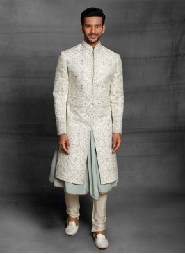 Thread Work Anarkali Sherwani In White Color