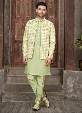 Thread Work Art Silk Nehru Jacket Set For Men