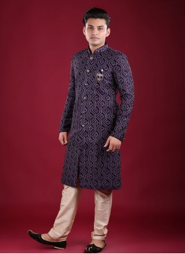 Thread Work Designer Indowestern In Navy Blue