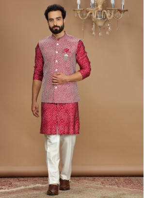 Thread Work Embroidered Red Nehru Jacket Set