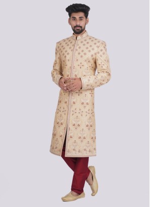 Thread Work Golden Wedding Wear Sherwani