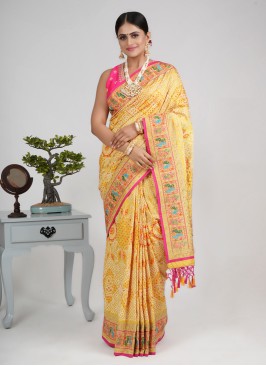 Thread Work Golden Yellow Silk Fabric Saree