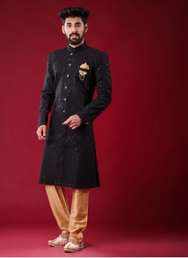 Thread Work Indowestern In Black Color