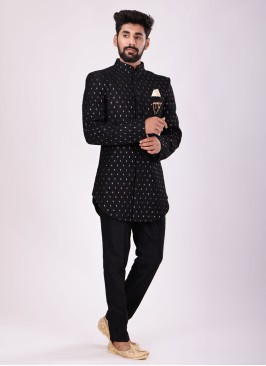 Thread Work Indowestern In Black Color