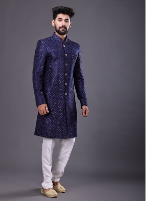 Thread Work Indowestern In Blue Color