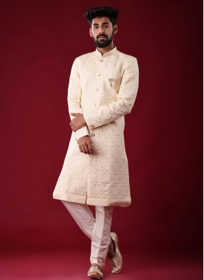 Thread Work Indowestern In Cream Color