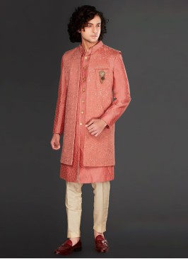 Thread Work Indowestern In Gajari Pink