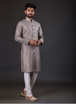 Thread Work Indowestern In Grey Color