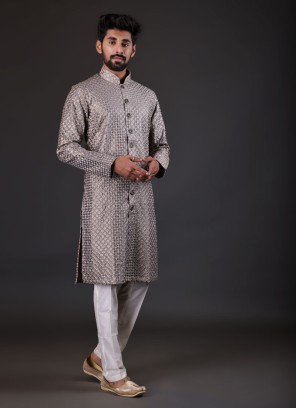 Thread Work Indowestern In Grey Color