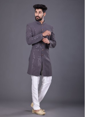 Thread Work Indowestern In Grey Color