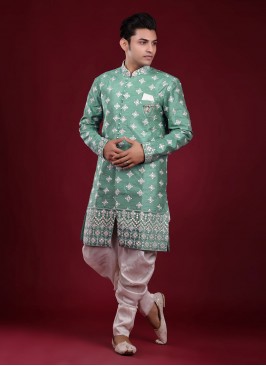 Thread Work Indowestern in Pista Green Color