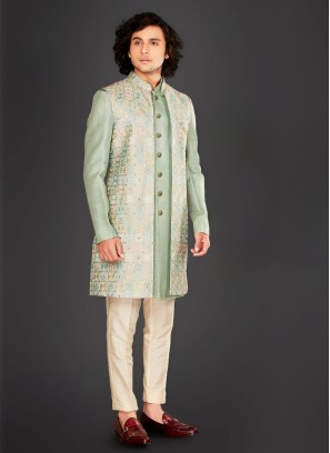 Thread Work Indowestern In Pista Green Color