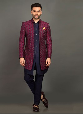 Thread Work Indowestern In Rani Color