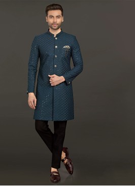 Thread Work Indowestern In Teal Blue Color