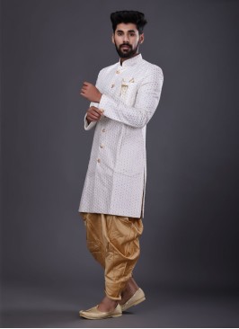 Thread Work Indowestern In White Color