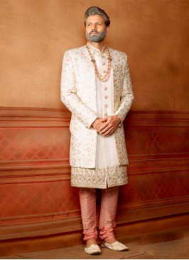 Thread Work Jacket Silk Sherwani For Groom