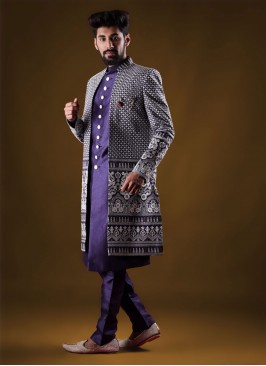 Thread Work Jacket Style Indowestern In Blue Color