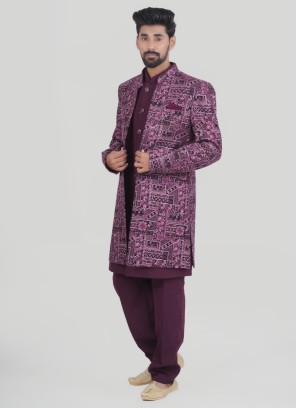 Thread Work Jacket Style Indowestern In Wine