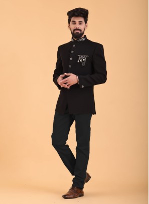 Thread Work Jodhpuri Suit In Black Color