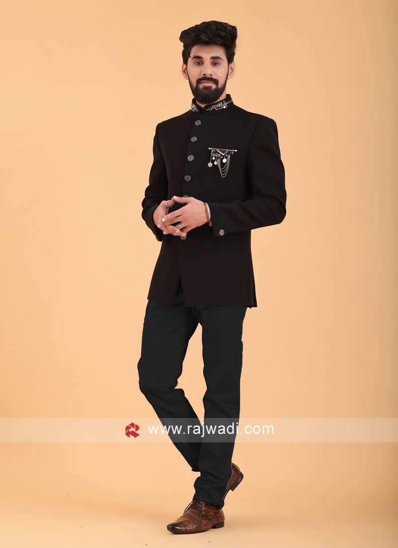 thread work jodhpuri suit in black color 40731