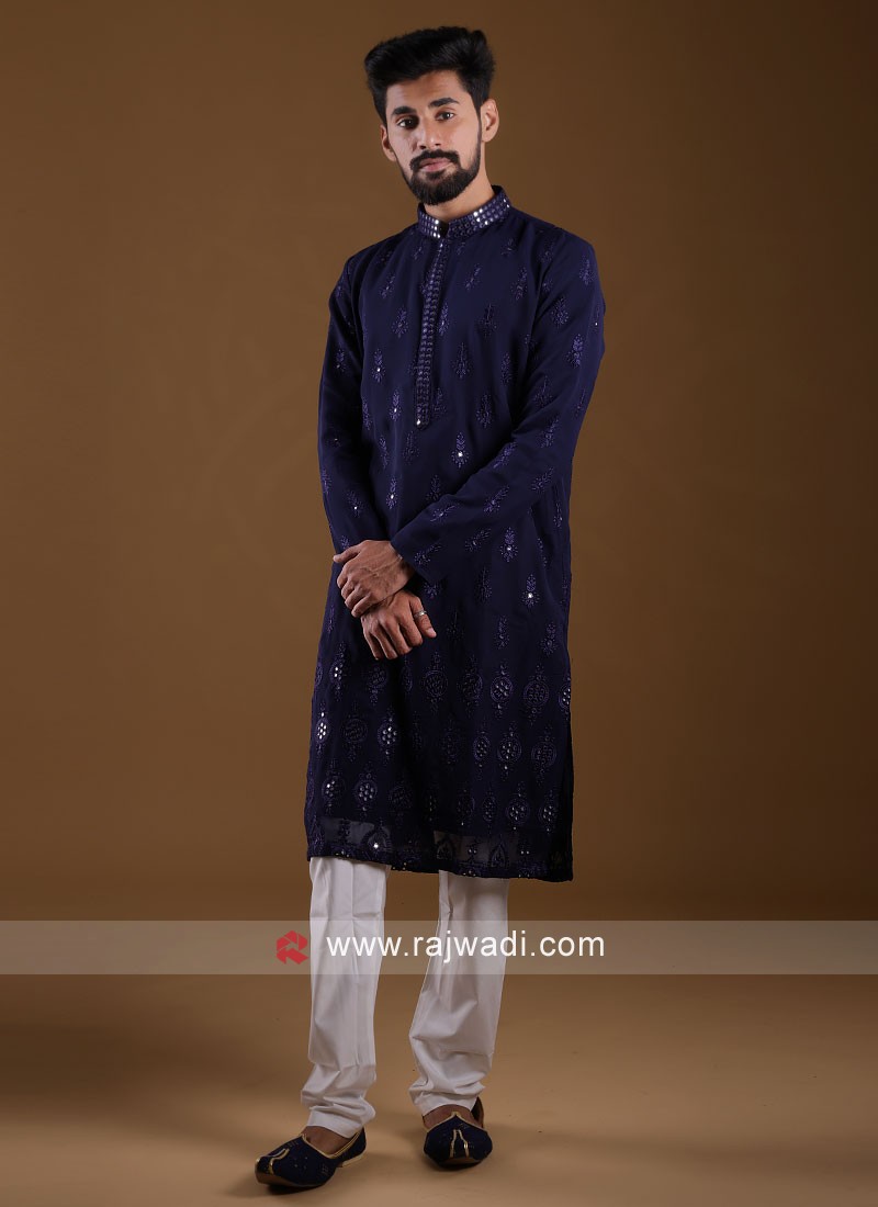 Navy Blue Sequin Embellished Chikankari Kurta for men online India