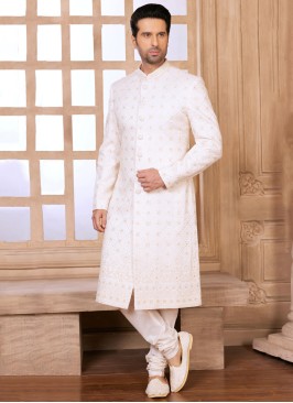 Thread Work Lucknowi Silk Sherwani In Off White