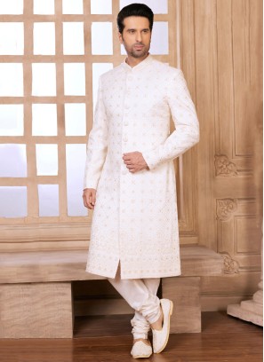 Thread Work Lucknowi Silk Sherwani In Off White