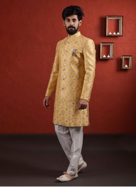 Thread Work Mustard Yellow Indowstern In Silk Fabric